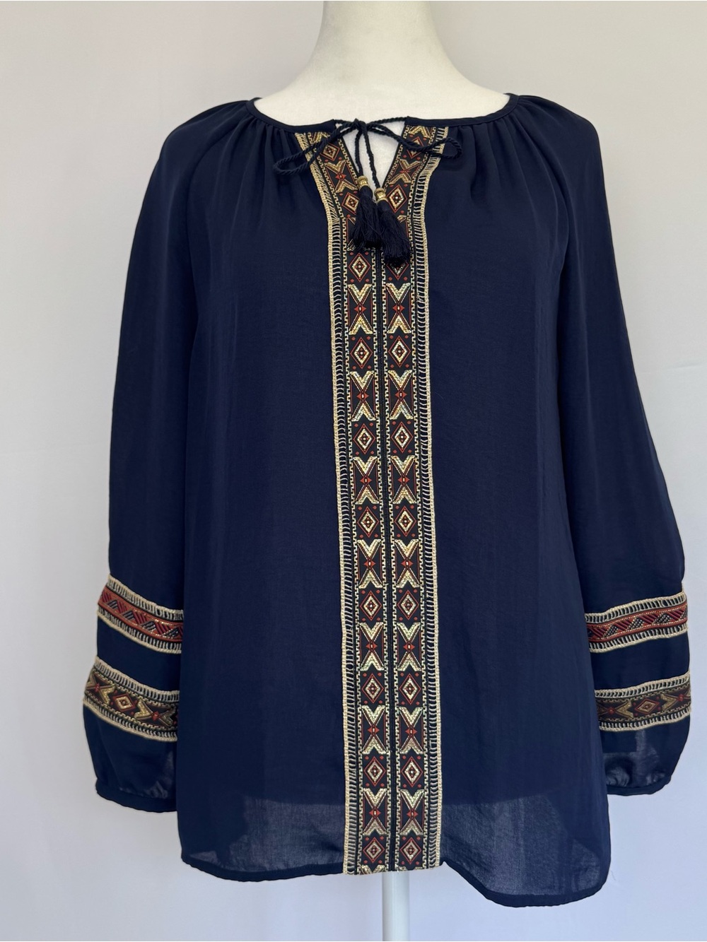 Chico's Navy Bohemian Tunic with Metallic Gold Embroidered Trim